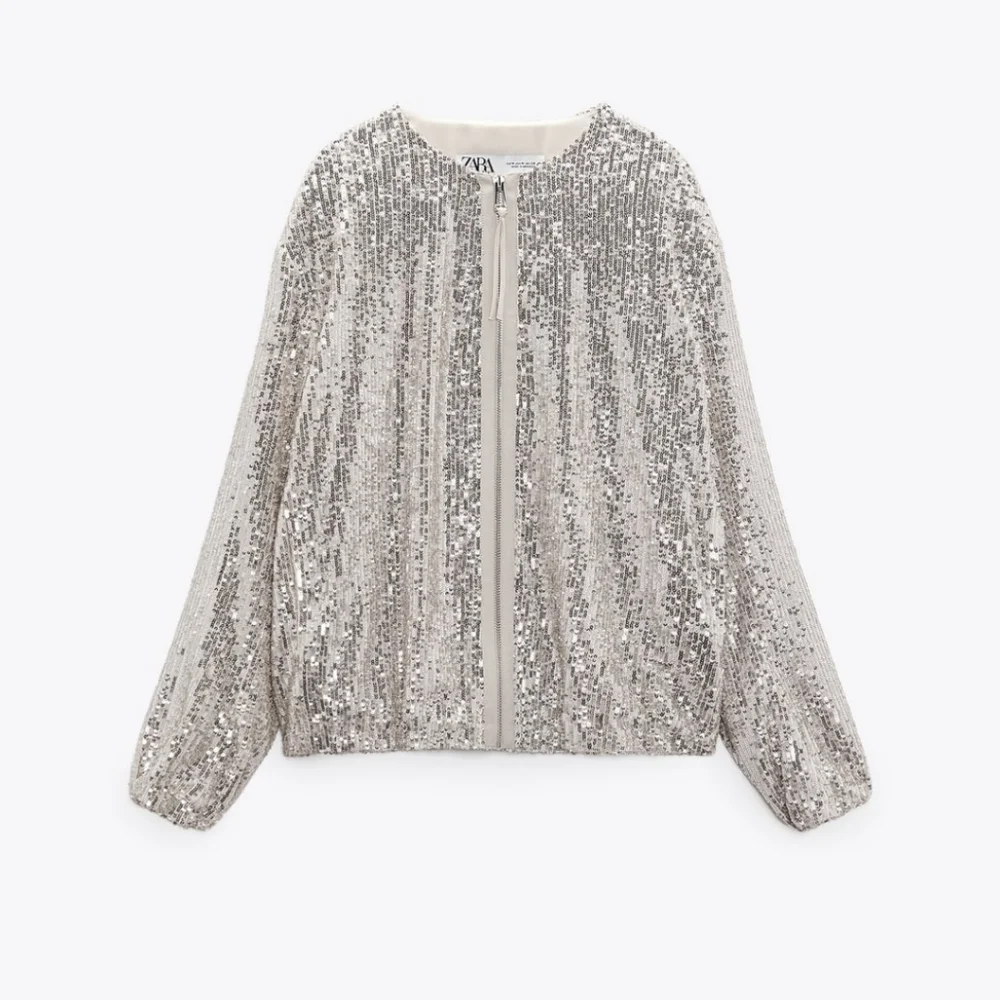 ZARA SEQUINED BOMBER JACKET BEIGE SIZE S_6